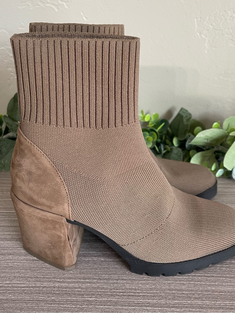 Eileen Fisher Spell Recycled Stretch Knit Bootie Block Heel US 5.5 Brown
